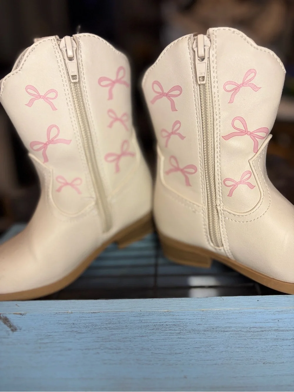 Wonder Nation Girls' White Pink Western Boots Bow Accents Block Heel Size 8